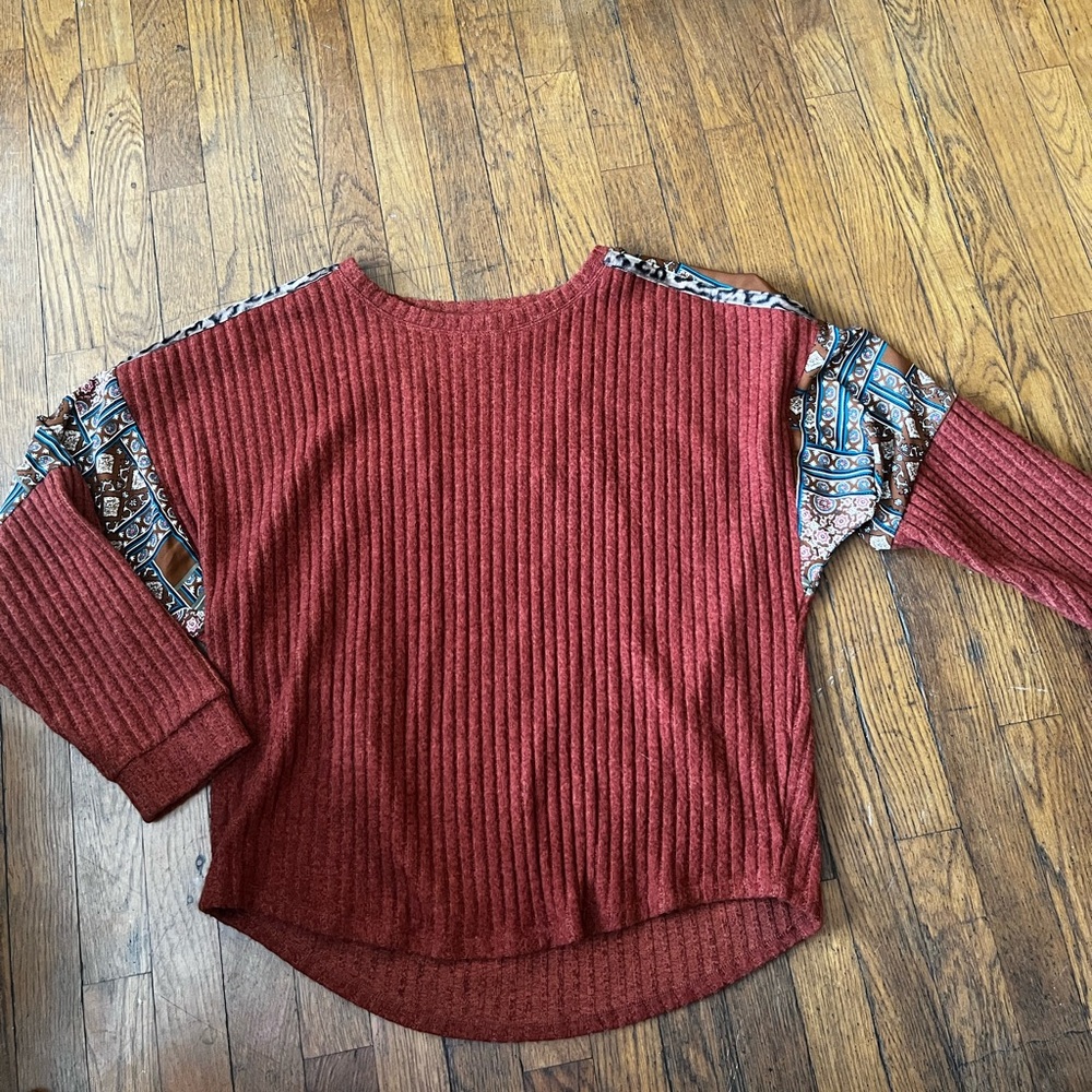 Maurices Rust Ribbed Sweater with Paisley Detail